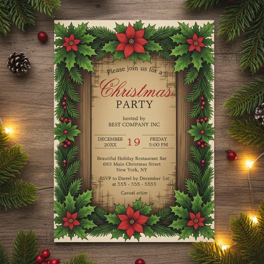 Invitation Bois rustique Poinsettia Holly Wreath Noël