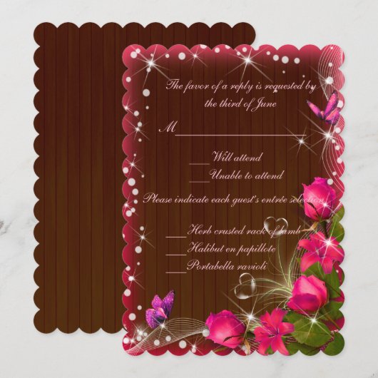 Invitation Bois rustique rose floral papillon Mariage réponse (Devant / Derrière)