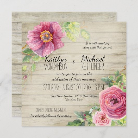 Invitation Bois rustique Rose floral Peony Country Chic (Devant / Derrière)
