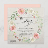 Invitation Bois rustique Rose Foliage Mariage Aquarelle (Devant / Derrière)