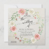 Invitation Bois rustique Rose Foliage Mariage Aquarelle (Devant)