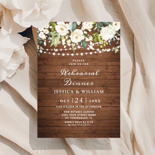 Invitation Bois rustique Roses blanches Hydrangea Dîner de ré