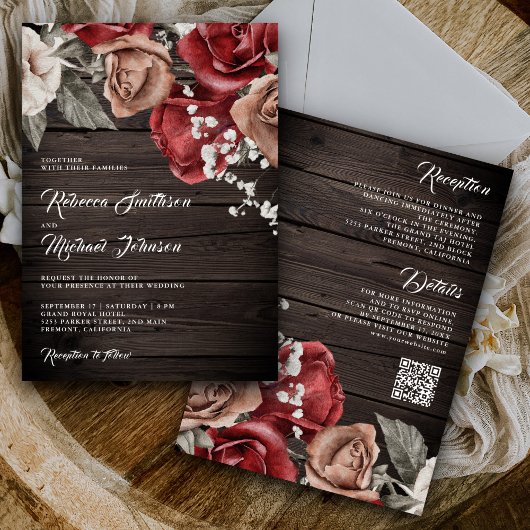 Invitation Bois rustique Roses de Bourgogne Code QR Mariage