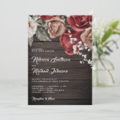 Invitation Bois rustique Roses de Bourgogne Code QR Mariage (Debout devant)