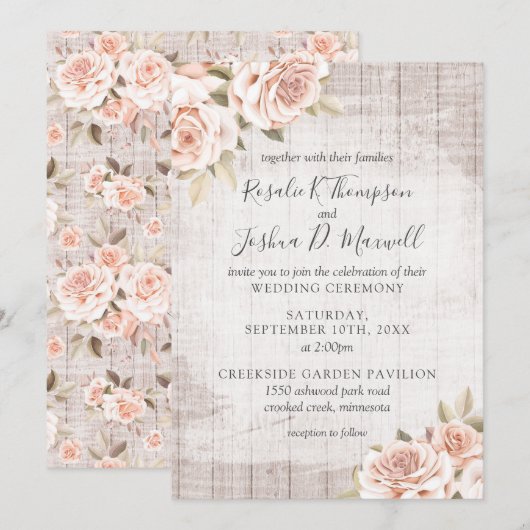 Invitation Bois rustique & Roses romantiques Shabby Chic Mari (Devant / Derrière)