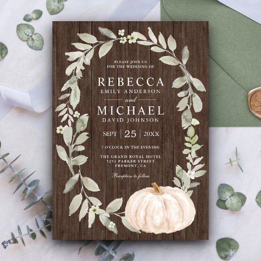 Invitation Bois rustique Sage vert Mariage Citrouille blanc