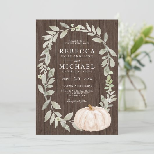 Invitation Bois rustique Sage vert Mariage Citrouille blanc (Debout devant)