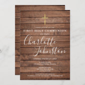 Invitation Bois rustique Signature Script Première communion  (Devant / Derrière)