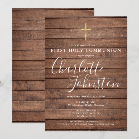 Invitation Bois rustique Signature Script Première communion  (Devant / Derrière)