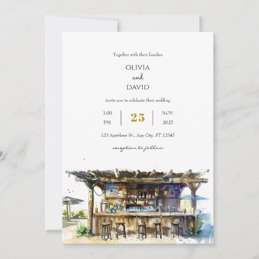 Invitation Bois Rustique Tropical Tiki Bar Plage Mariage (Devant)