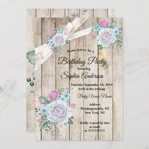 Invitation Bois rustique Turquoise bleu Floral rose fête d'an