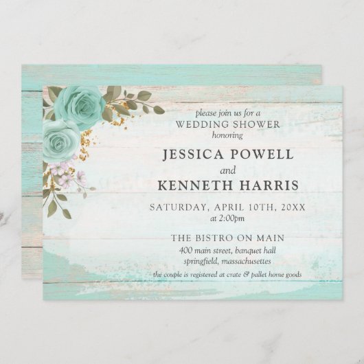 Invitation Bois rustique Turquoise Floral Couple Wedding show (Devant / Derrière)