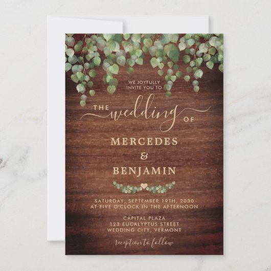 Invitation Bois rustique vert Mariage d'or Eucalyptus (Devant)