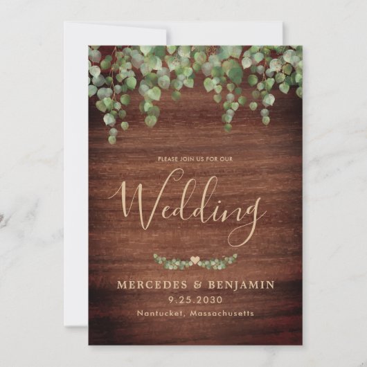 Invitation Bois rustique vert or QR Code Mariage (Devant)