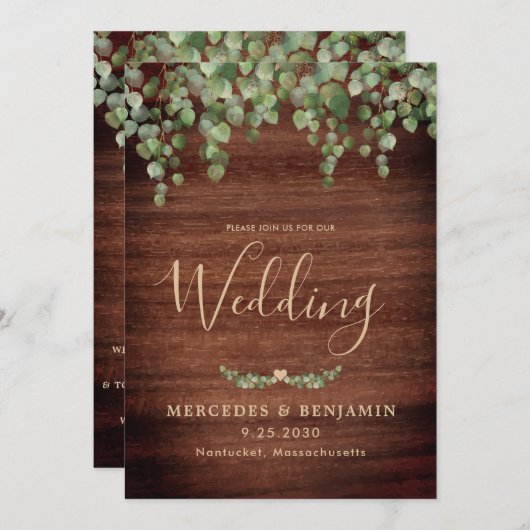 Invitation Bois rustique vert or QR Code Mariage (Devant / Derrière)