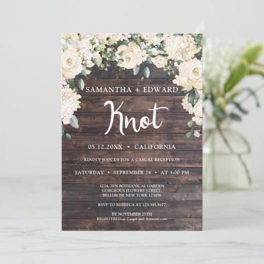Invitation Bois rustique vert roses blanches noué le noeud (Debout devant)