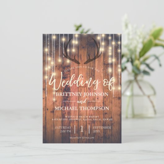 Invitation Bois rustique voyants Antler Code QR Mariage (Debout devant)