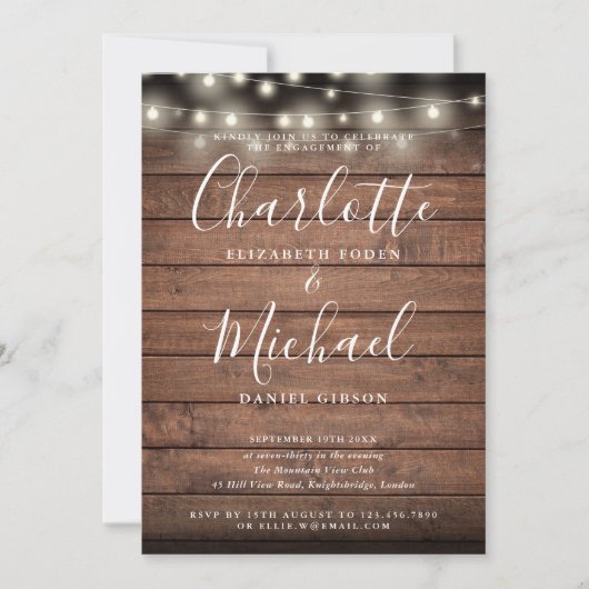 Invitation Bois rustique voyants Fiançailles de script chic (Devant)
