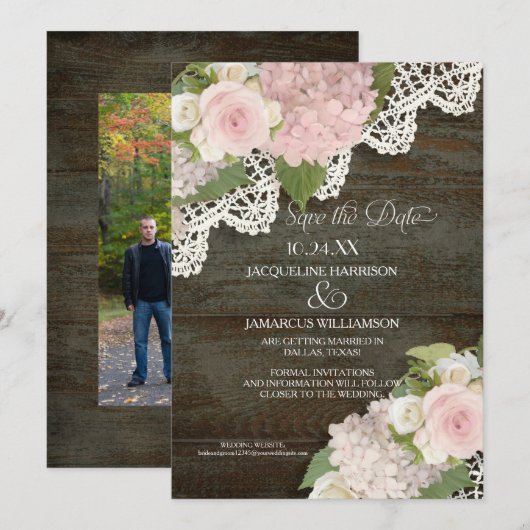 Invitation Bois Sombre Photo de Jour de Mariage Dentelle Hort (Devant / Derrière)