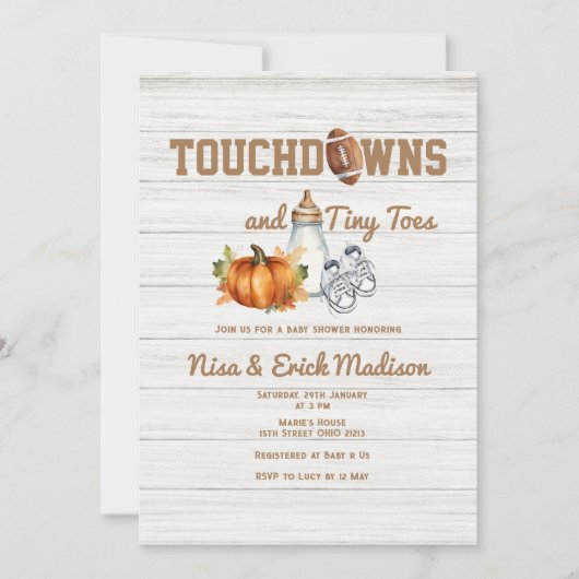 Invitation Bois Touchdown Minuscule orteils Baby shower garço (Devant)
