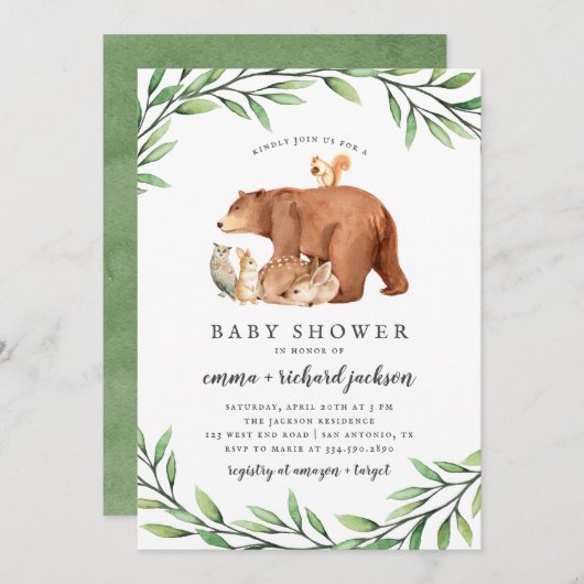 Invitation Bois Végétation Forêt Animaux Baby shower (Devant / Derrière)