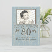 Invitation Bois vieilli 80e anniversaire Photo Bleu (Debout devant)