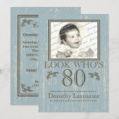 Invitation Bois vieilli 80e anniversaire Photo Bleu (Devant / Derrière)