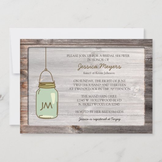 Invitation Bois vieilli avec Fête de l'mariée de Mason Jar (Devant)