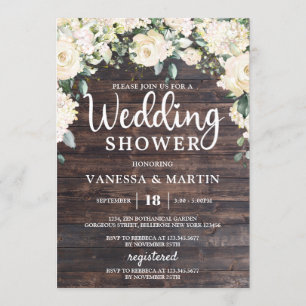 Invitation Bois vintage rustique wedding shower à fleurs blan