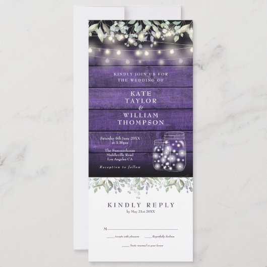 Invitation Bois Violet Floral Mason Jarres Tout En Un Mariage (Devant)