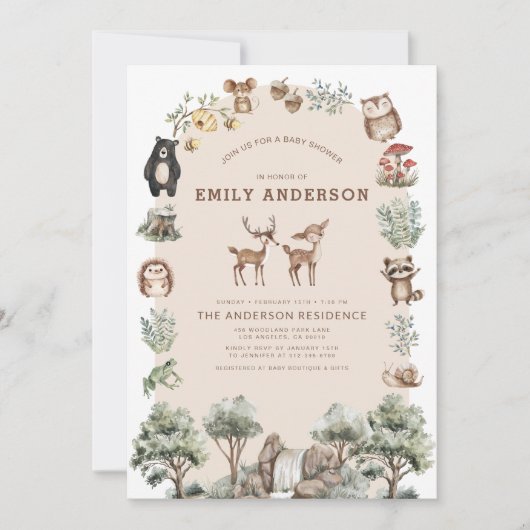 Invitation Boissons Animaux forestiers Baby shower neutre pou (Devant)
