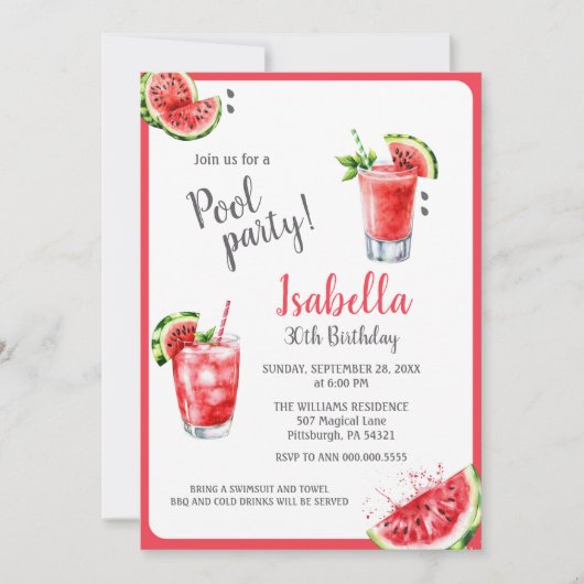 Invitation Boissons de la Piscine de pastèque (Devant)