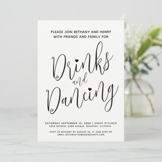 Invitation Boissons et danse post mariage simple mono script (Debout devant)