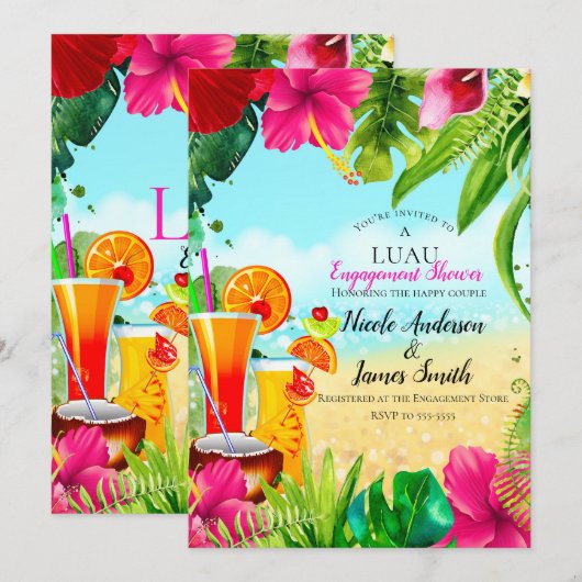 Invitation Boissons et fleurs tropicales Été Luau Fiançailles (Devant / Derrière)