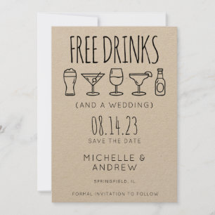 Invitation Boissons gratuites et mariage Enregistrer la date