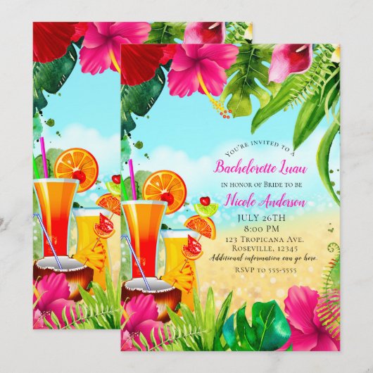 Invitation Boissons tropicales Summer Bachelorette Luau Party (Devant / Derrière)