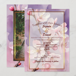 Invitation Boîte photo aux fleurs de cerisier rose / lavande