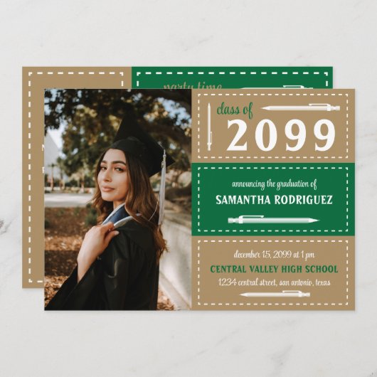 Invitation Boîtes et crayons à pointes vert et or Graduation (Devant / Derrière)