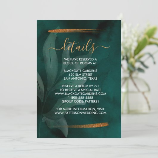 Invitation boîtier vert émeraude et feuille moderne (Debout devant)