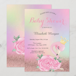 Invitation Bokeh, bébé Flamant Rose Holographique Baby Shower
