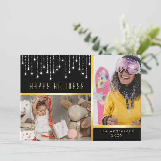 Invitation Bokeh Christmas Poinsettia Fairy Lights Gold Photo (Debout devant)