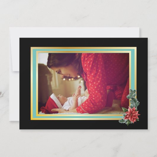 Invitation Bokeh Christmas Poinsettia Fairy Lights Gold Photo (Dos)