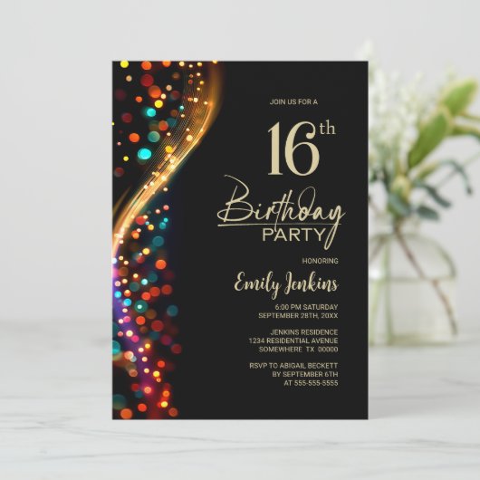 Invitation Bokeh coloré 16e fête d'anniversaire (Debout devant)