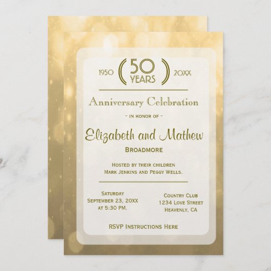 Invitation Bokeh doré | 50e anniversaire (Devant / Derrière)