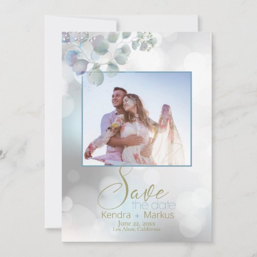 Invitation Bokeh Dusty Blue Laurel Eucalyptus Enregistrer la  (Devant)