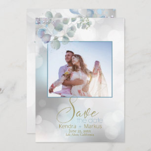 Invitation Bokeh Dusty Blue Laurel Eucalyptus Enregistrer la