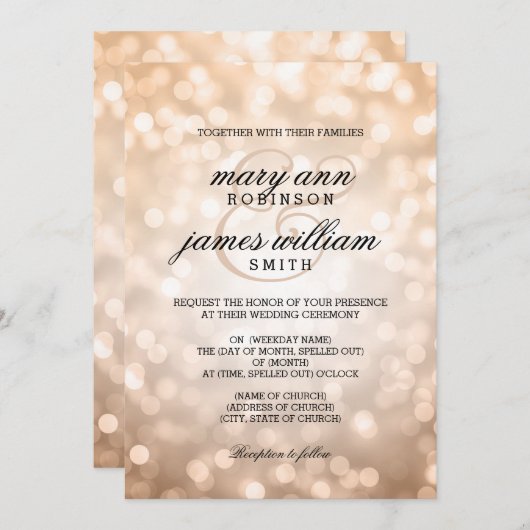 Invitation Bokeh en cuivre illumine un mariage élégant (Devant / Derrière)