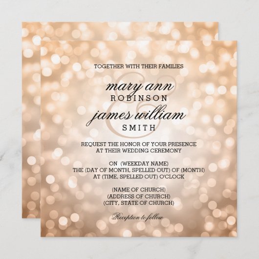 Invitation Bokeh en cuivre illumine un mariage élégant (Devant / Derrière)