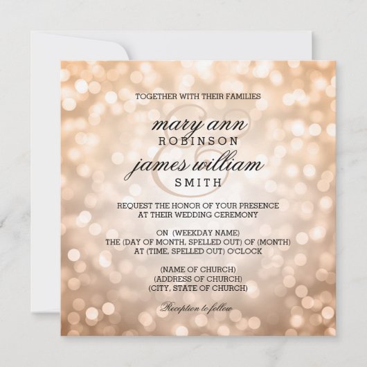 Invitation Bokeh en cuivre illumine un mariage élégant (Devant)