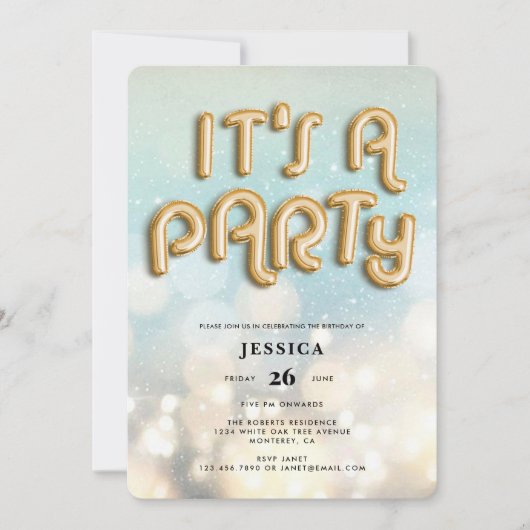 Invitation Bokeh Gold Foil Type de ballon Anniversaire (Devant)